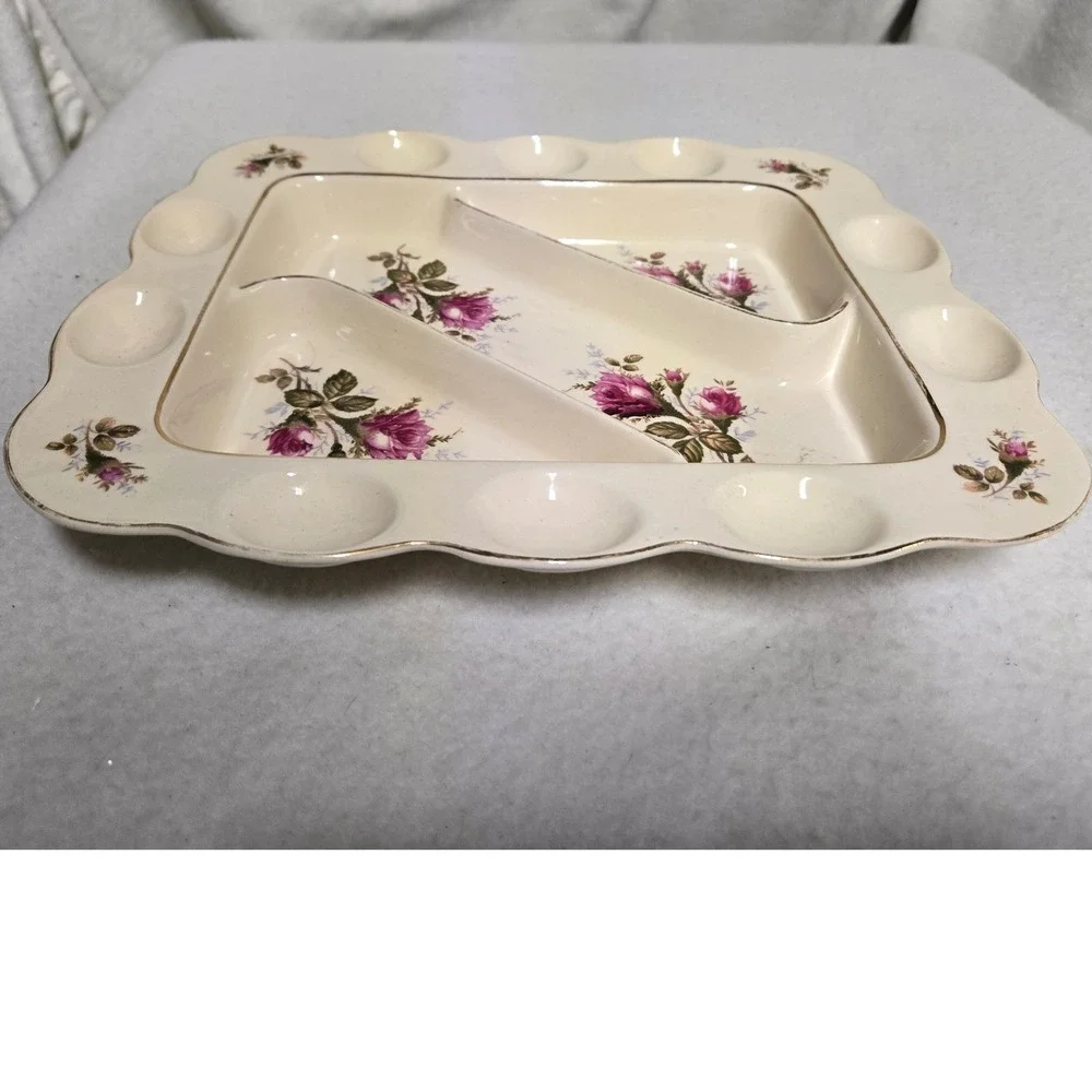 Vintage Deviled Egg Platter 12 Egg Rose Floral Divided Relish Serving Tray